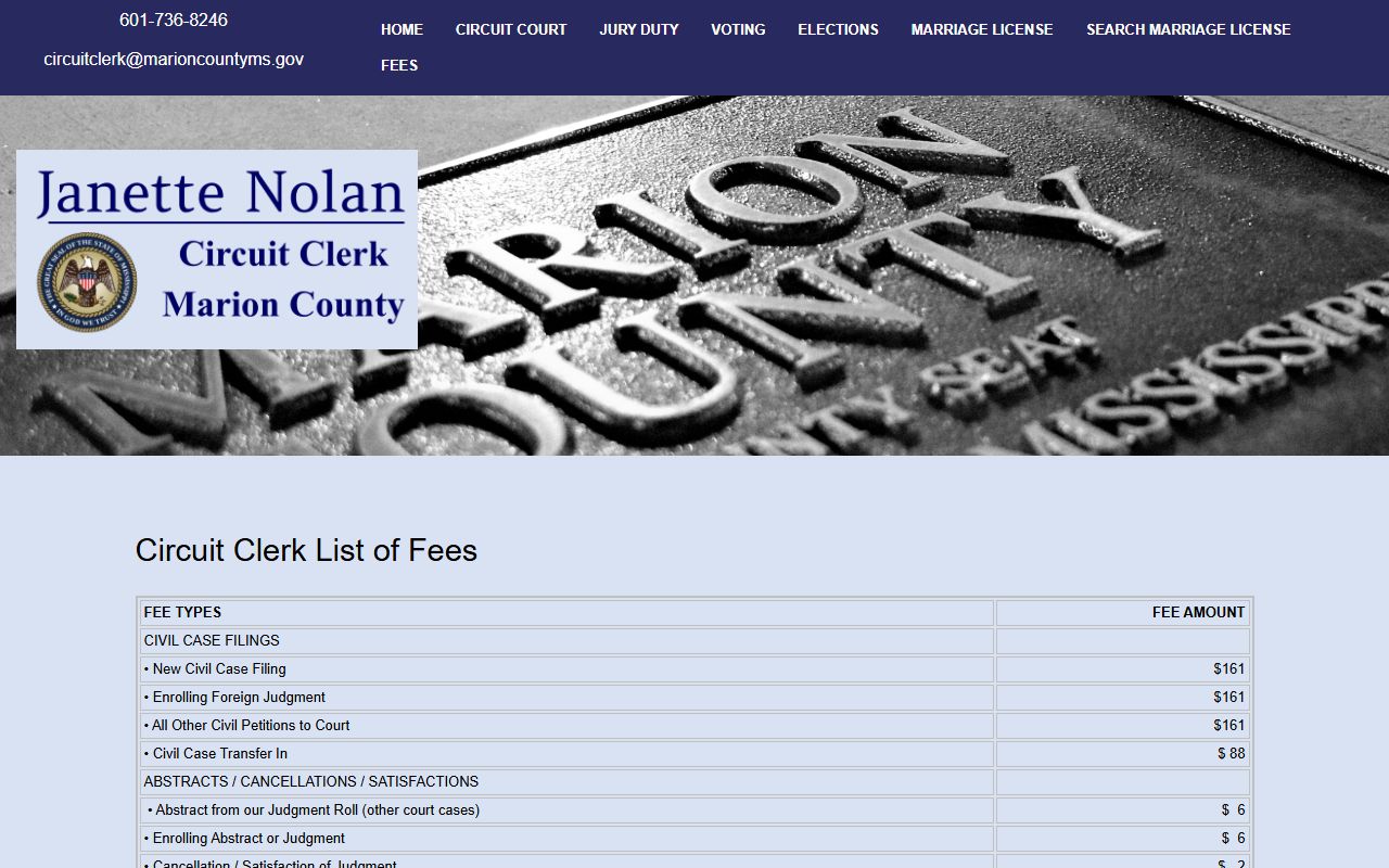 Marion County Circuit Clerk fee schedule for court records and certified copies