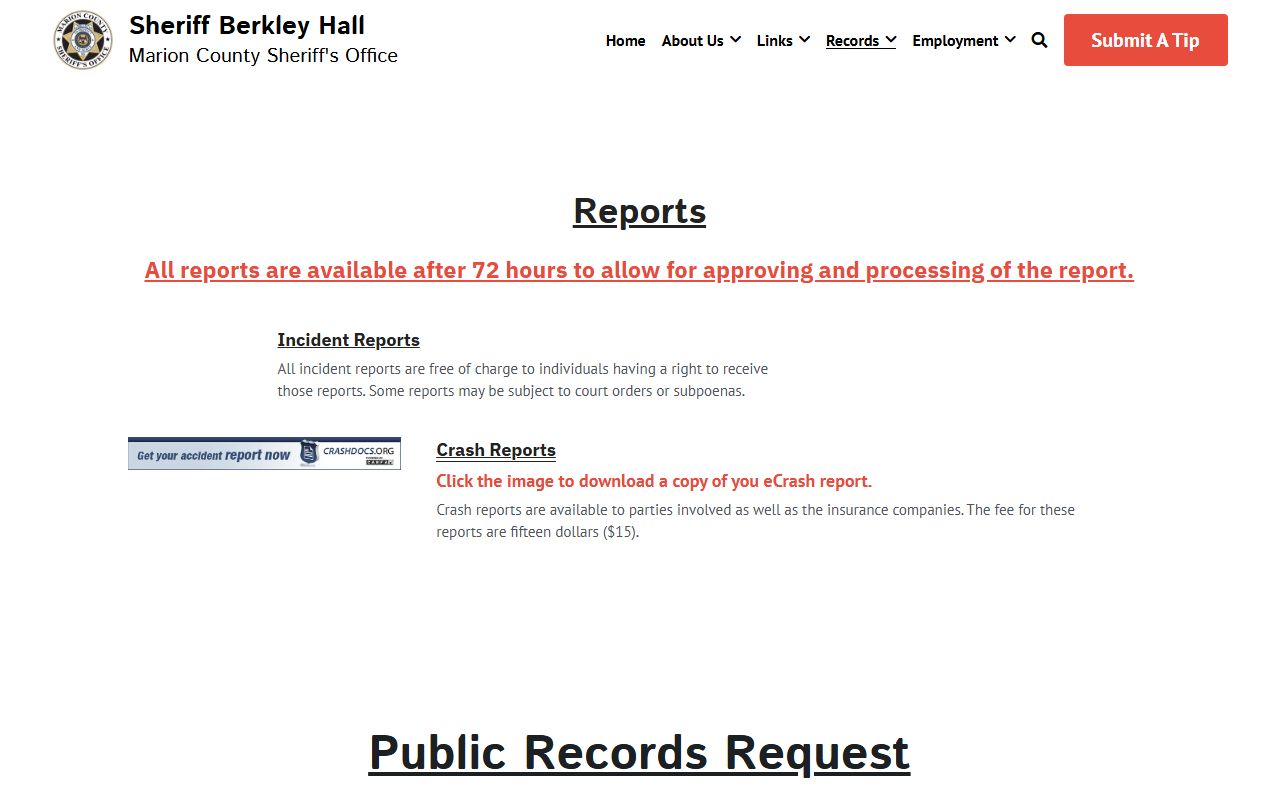 Marion County arrest records request channel at the sheriff's records page