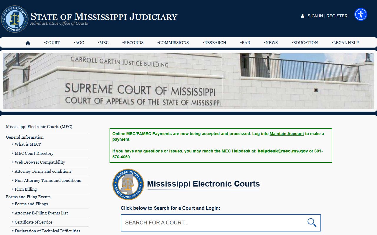 Marion County court records access through the Mississippi Electronic Courts homepage