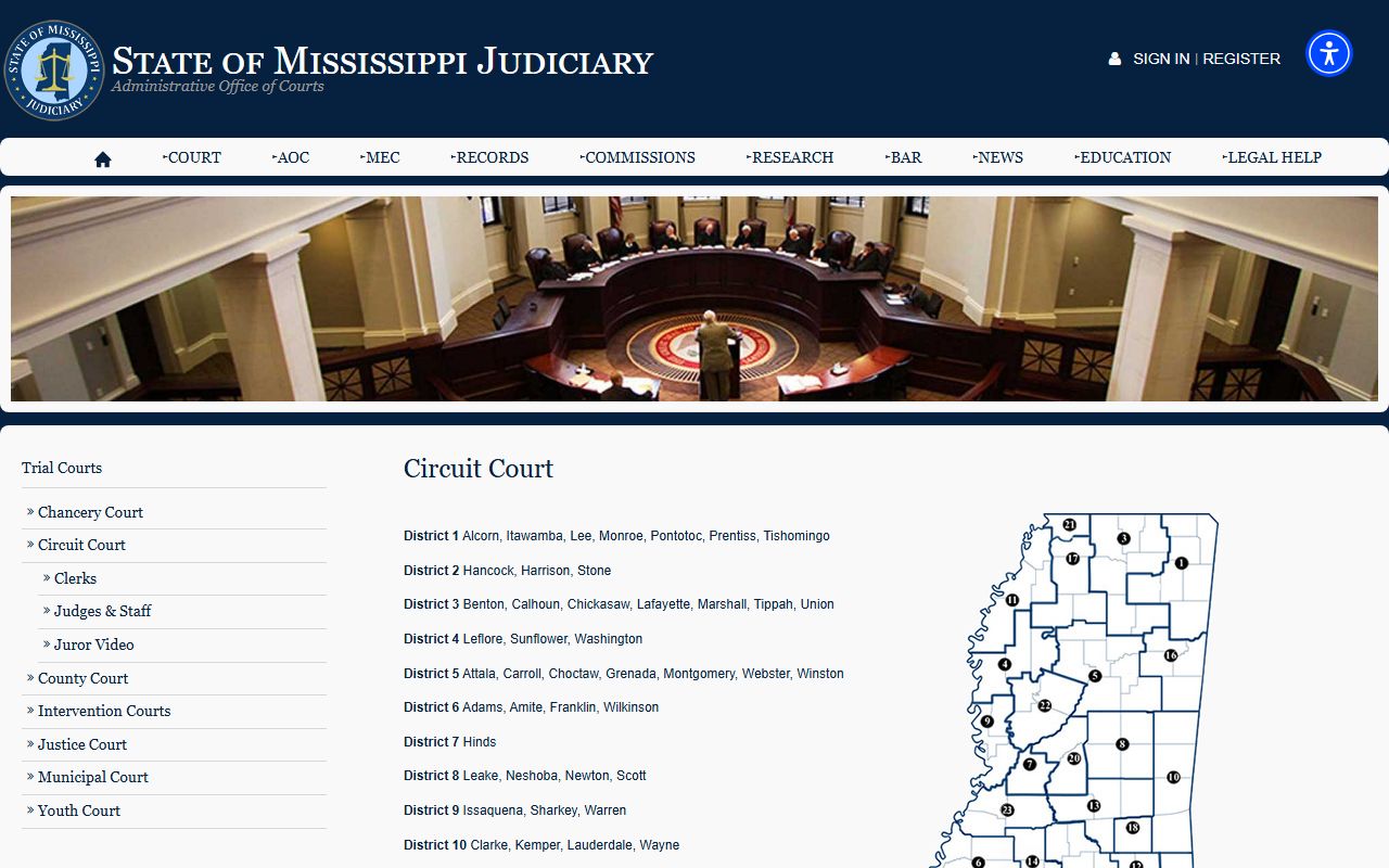 Marion County Circuit Court jurisdiction shown on the Mississippi Judiciary circuit court page