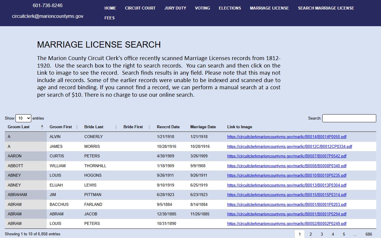 Marion County historical marriage records search tool