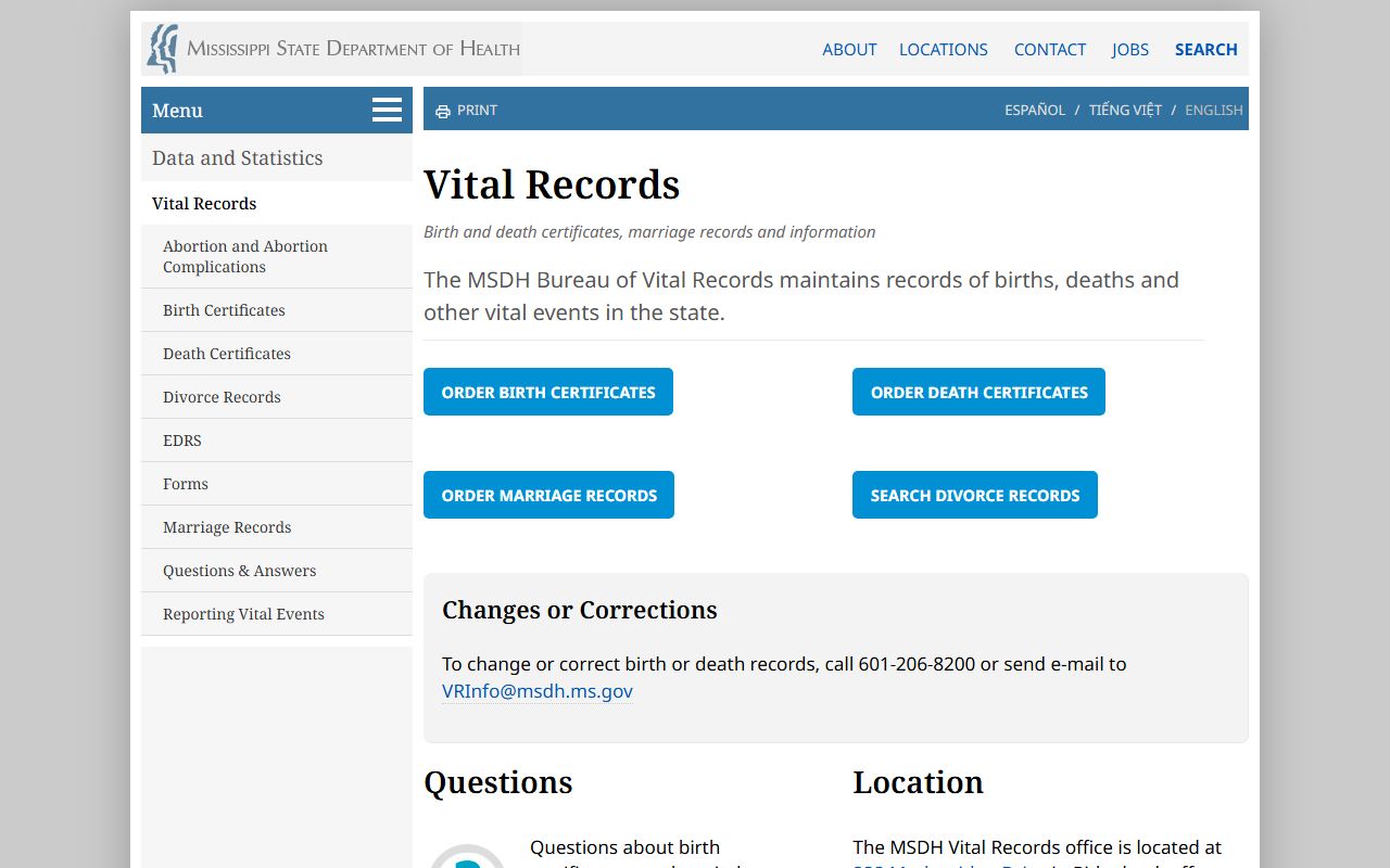 Mississippi vital records office serving Marion County marriage and divorce records