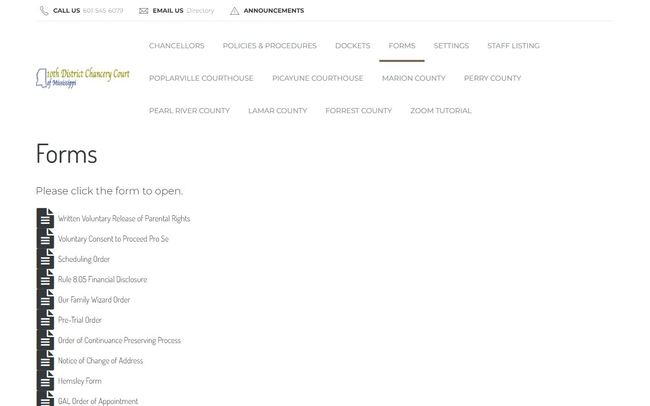 Marion County probate records and chancery guardianship forms on the 10th Chancery District forms page