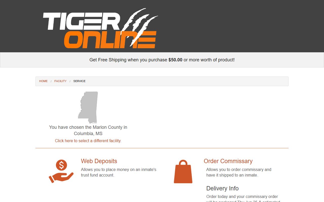 Marion County traffic court records note on a Tiger Commissary jail deposit page